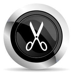 scissors icon, black chrome button, cut sign