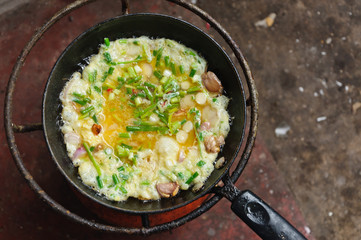 Fry egg on picnic stove to lunch.