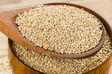Quinoa seed closeup  in a wooden spoon.