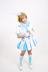 Portrait Cosplay dancing girl isolated in white background