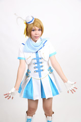 Portrait Cosplay dancing girl isolated in white background