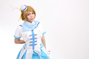 Portrait Cosplay dancing girl isolated in white background