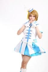 Portrait Cosplay dancing girl isolated in white background