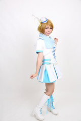 Portrait Cosplay dancing girl isolated in white background