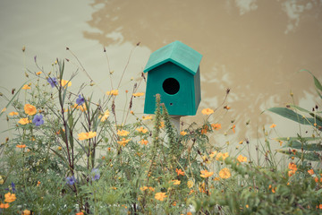 Green Wooden bird houses beside the river.