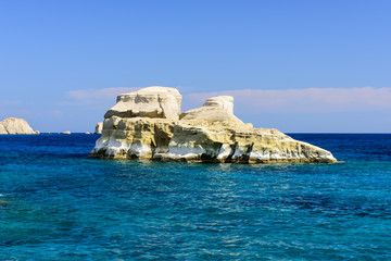 Scenic bizarre rock in the sea near the shore, Sarakiniko village, Cyclades, Milos island, Greece.