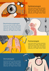 Specialist physicians doctor such as eye Ophthalmologist, Otorhinolaryngologist, lungs, and dermatologist skin disease, profession infographic banner template layout background vector