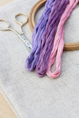 Set for embroidery, embroidery hoop and embroidery thread, selective focus