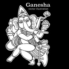 Fototapeta premium Dancing Ganesha line art illustration. Dancing elephant. Hindu God. Indian God. Travel in India illustration. 