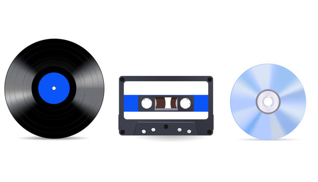 Music storage device - vinyl record, compact tape cassette and compact disc.