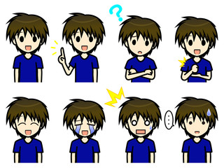 シンプルキャラクター　会話・表情イラスト集　男性（半袖）