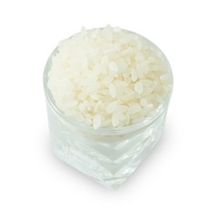 Cup of Raw Japanese Rice on White