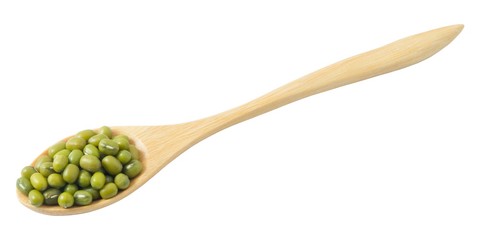 Mung Beans in Wooden Spoon Isolated on White Background