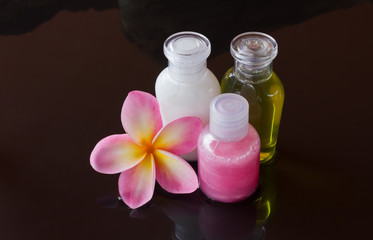 Obraz na płótnie Canvas mini set of bath and shower decorated with pink flower