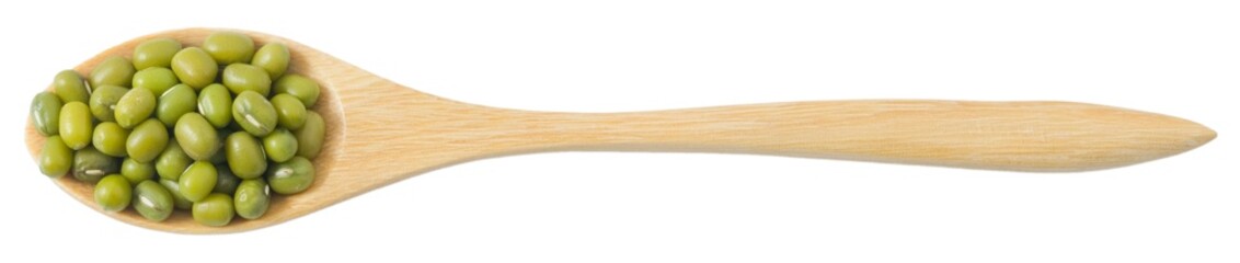 Mung Beans in Wooden Spoon on White Background