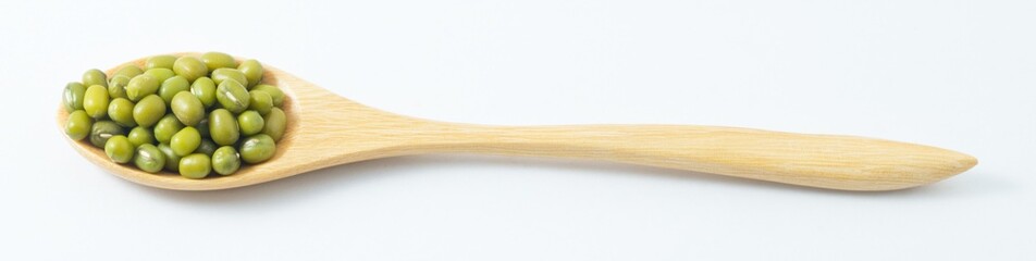 Mung Beans in Wooden Spoon Isolated on White