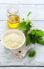 Basil leaves with cheese and olive oil