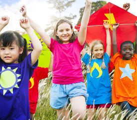 Kids Diverse Playing Kite Field Young Concept