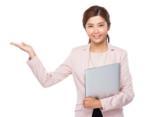 Businesswoman hold with laptop computer and hand presentation