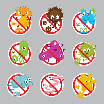 Cute Germ Characters Prohibition Sign, Bacteria, Virus, Microbe, Pathogen