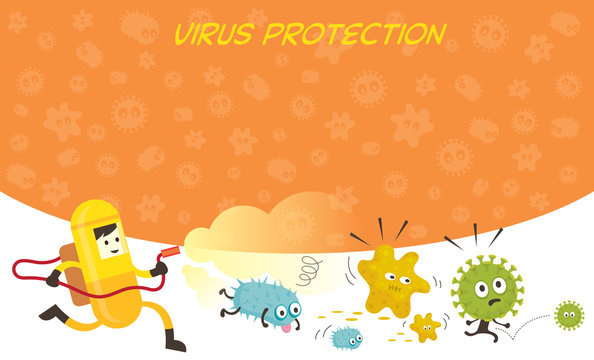 Man in Protective Suit Run Spraying Germ Characters, Bacteria, Virus, Microbe, Pathogen
