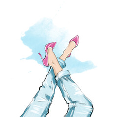 Watercolor hand drawn illustration - girl wearing heels and blue denim jeans
