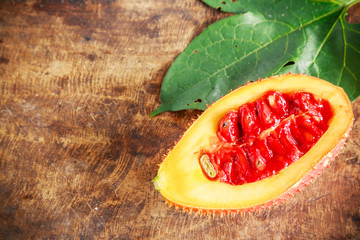 spring bitter cucumber on wooden background