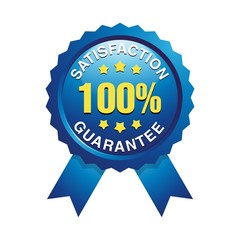 100% satisfaction guaranteed icons. Blue one year warranty button