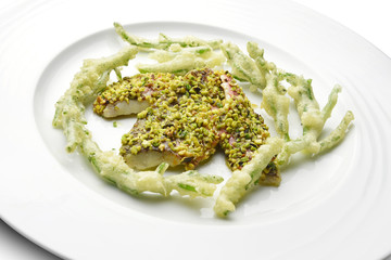 Dish Fish Red Mullet Fillet Crusted with Pistachios Salicornia T