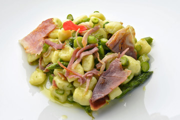 Dish of Potato Dumplings with Asparagus and Crispy Ham 1