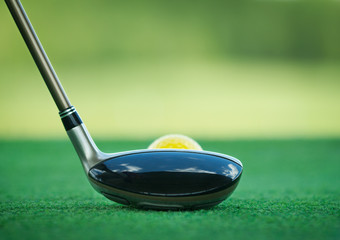 Obrazy na Plexi  Kij golfowy i piłka w trawie
