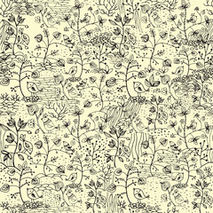 Seamless pattern with unusual plants and birds, hand-painted