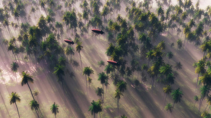 Three airships flying over jungle forest in morning mist