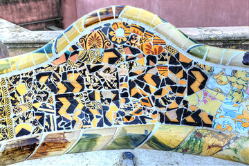 Details of the serpentine ceramic bench at Parc Guell designed b