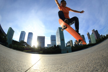 skateboarder skateboarding at sunrise city © lzf