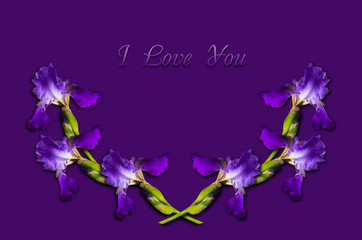 Obraz na płótnie Canvas Purple card with I love you, and a wreath of flowers iris