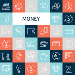 Vector Flat Line Art Modern Money and Finance Icons Set