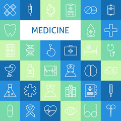 Vector Flat Line Art Modern Medicine and Healthy Life Icons Set