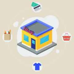 Shop isometric building, flat icons, stylish background vector i