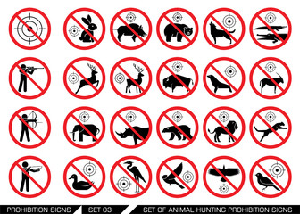 Set of animal hunt prohibition signs. Collection of signs that prevent animal hunting. Animal hunt banned. Preserving wildlife.