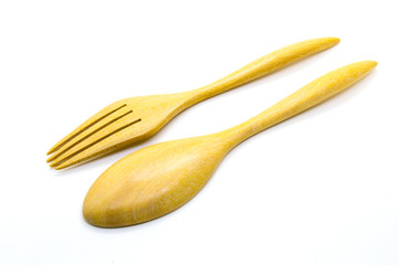 Wooden fork and spoon isolated on white background