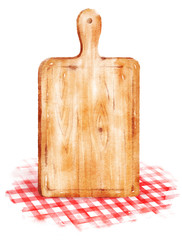 Cutting board on red tablecloth.