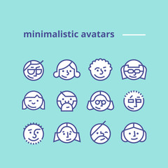 Set of geometric minimalist avatars icons for web site or social network Simple and clean modern design Hipster style Pack of trendy monochrome icons Line art Stock vector