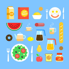 Set of colorful breakfast icons in flat style. Fresh delicious food and drinks, fruit, tea, coffee and juice. American breakfast. Light beverages and snacks. Stock vector icons.