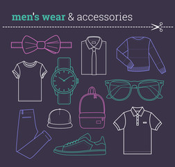 Set of trendy men's wear and accessories Pack of fashionable male apparel's elements thin line in hipster style Collection of stock vector clipart