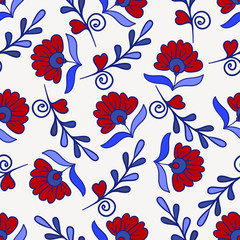 Seamless texture with red and blue modern flower. Vector Endless floral pattern
