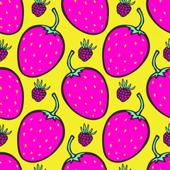 Pink and yellow background with strawberry. Vector seamless pattern