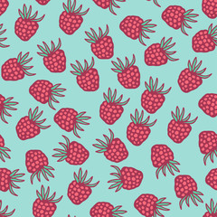 Seamless pattern with berries in retro colors. Raspberries on blue background can be used for card, wrapping, gifts paper, textile, prints.