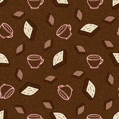 Seamless pattern with coffee and chocolate. Hand-drawn vector illustration, paper, textile, fabric, wrapper, wallpaper, vector