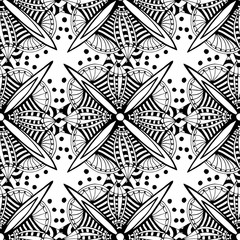 Vector ornamental background with doodle graphic flowers. Black and white ethnic seamless pattern for fabric,  wrapping